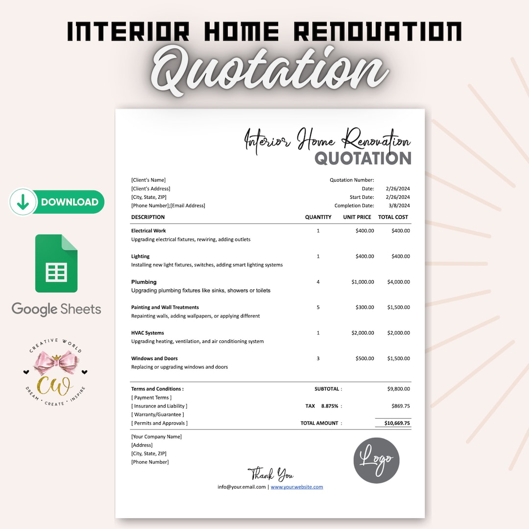 Interior Home Renovation Quotation | Google Sheets Template | Editable ... Interior Home Renovation Quotation | Google Sheets Template | Editable ...